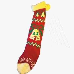 Knit Christmas Stocking Bell  Bow Design Pom